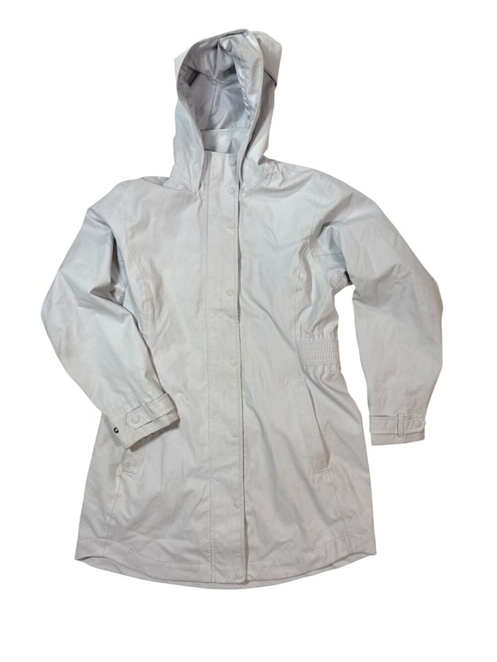 Athleta Hooded Lightweight White Jacket M Water-Repellent Snap Closure 32” Long